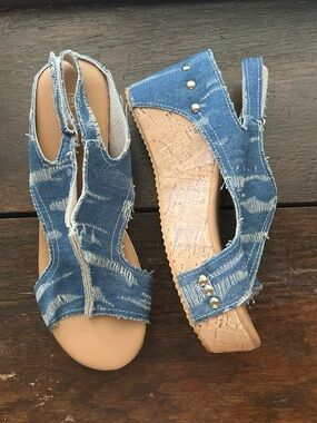 Amazon Distressed Denim Wedge Slingback Sandals - Blue